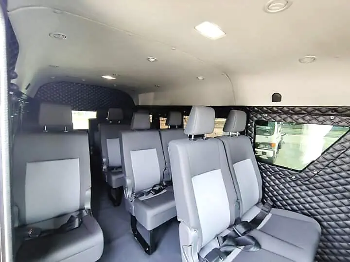Interior of an armoured Hiace with passenger seating